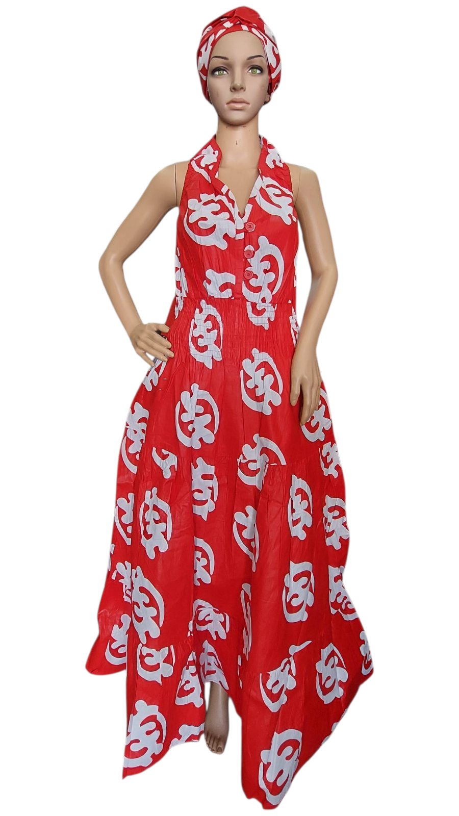 Smocked Halter Dress With Scarf Red Gynamee- 3028L