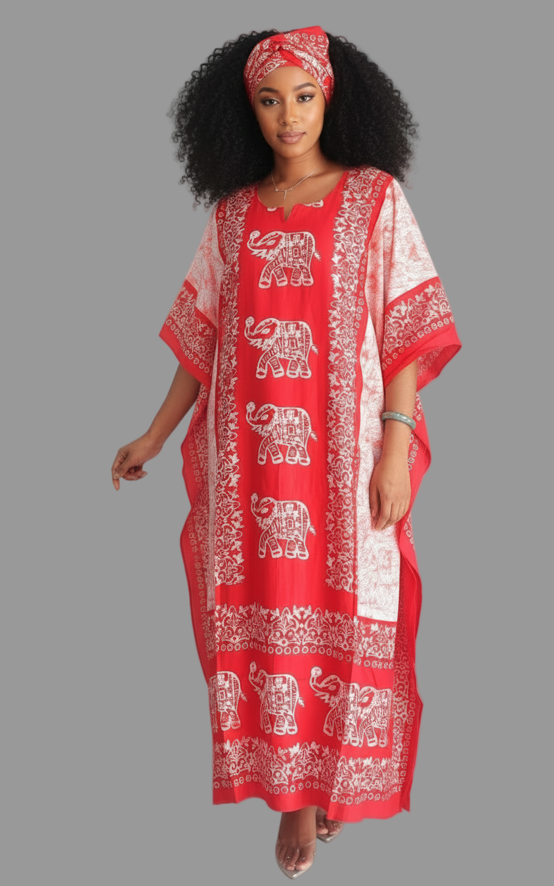 Women Elephant Print Kaftan Dress - Red