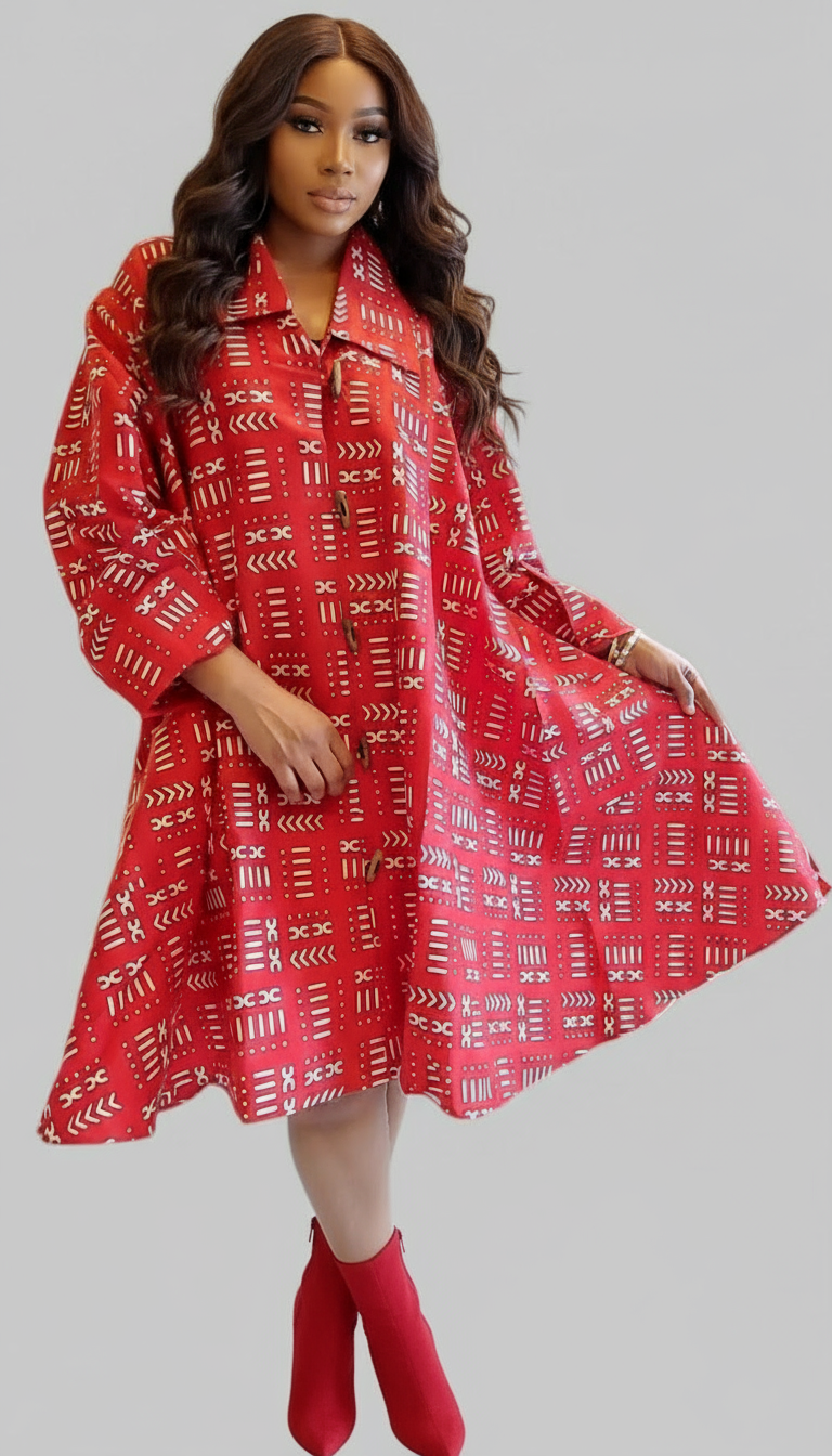 Cotton Short Dress / Blouse- Ankara Red Tribal Print-243 / DRS029