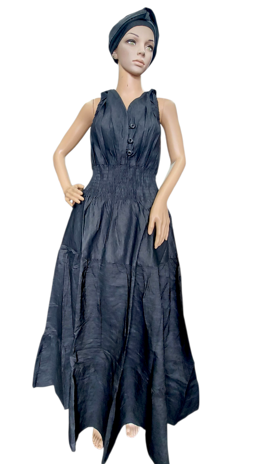 Smocked Halter Dress With Scarf Black Denim - 3028L