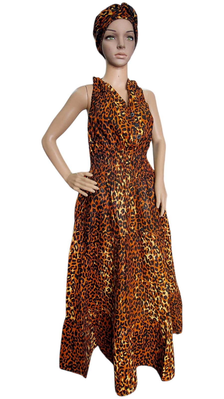 Smocked Halter Dress With Scarf Brown Animal- 3028L