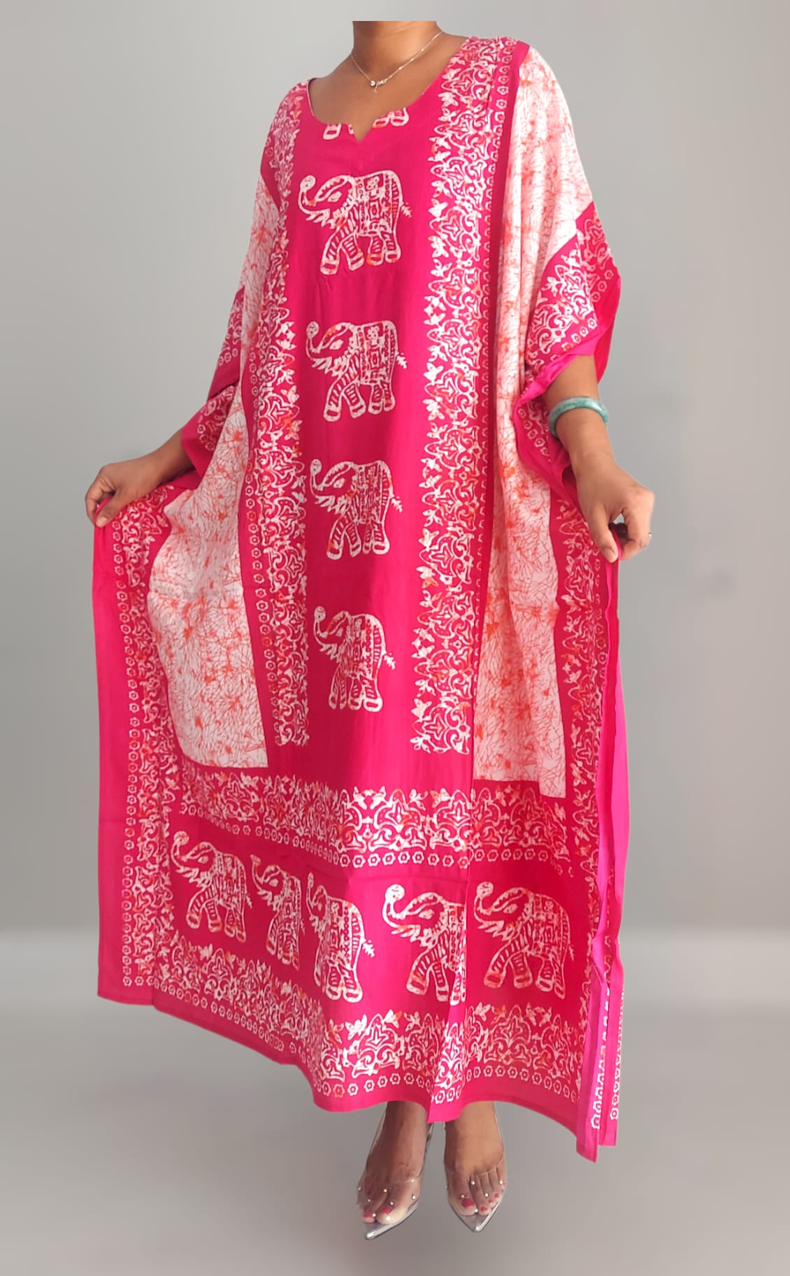 Women Elephant Print Kaftan Dress - Pink