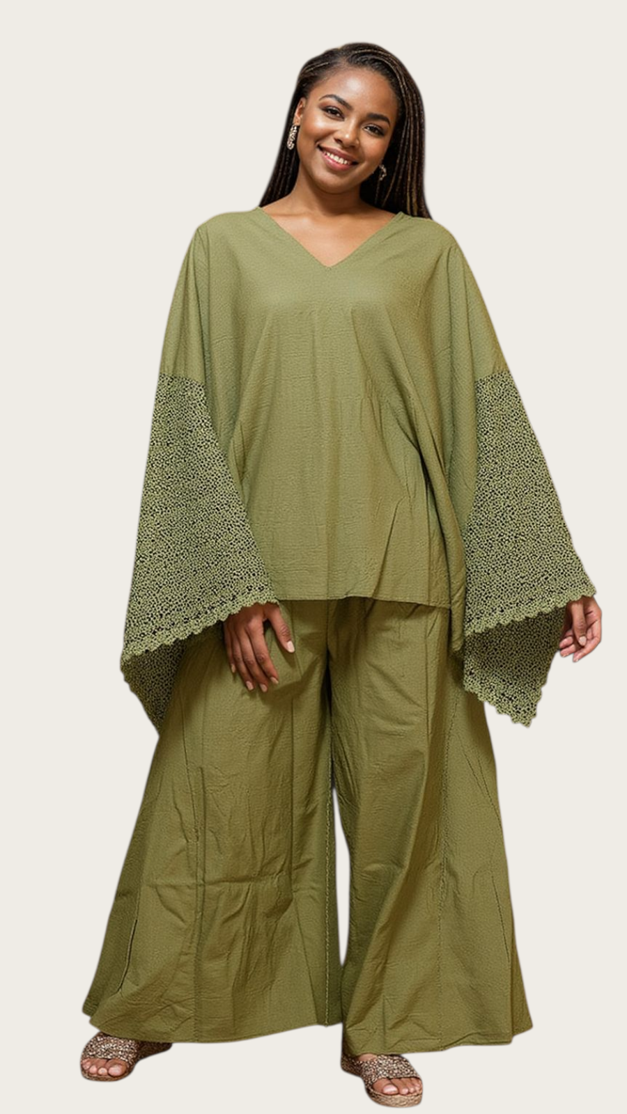 Linen Set/ Pant & Crocket Blouse Set - 7866 Olive
