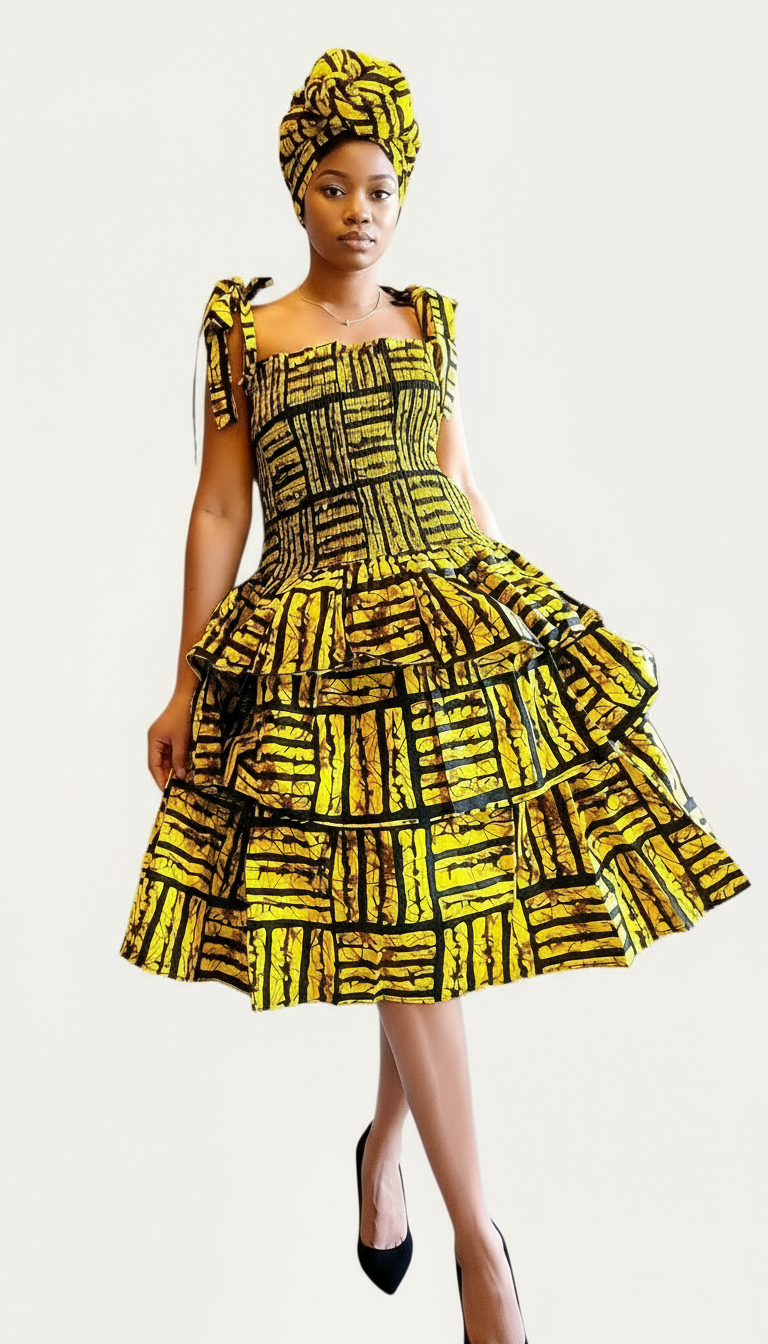 Flounce Dress/Shoulder Straps /African Anarka Print KVZ66