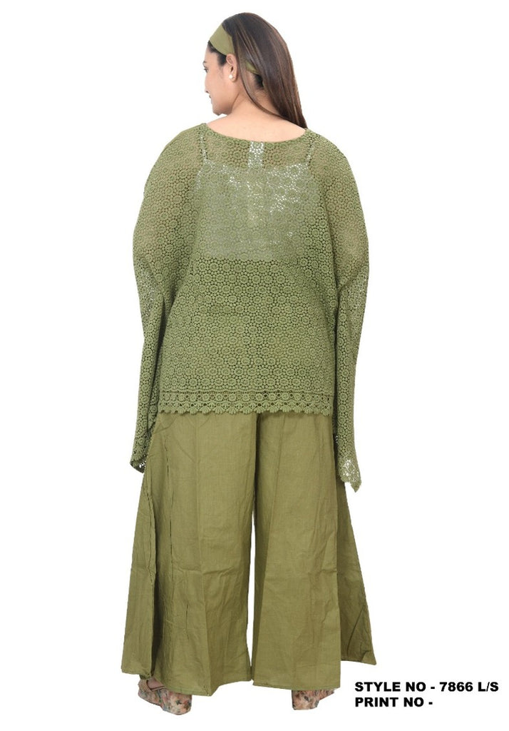 Linen Set/ Pant & Crocket Blouse Set - 7866 Olive