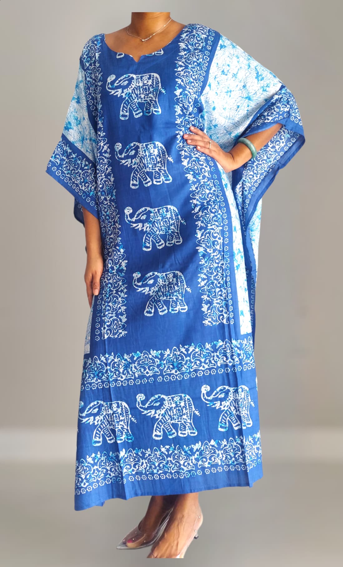 Women Elephant Print Kaftan Dress - Blue