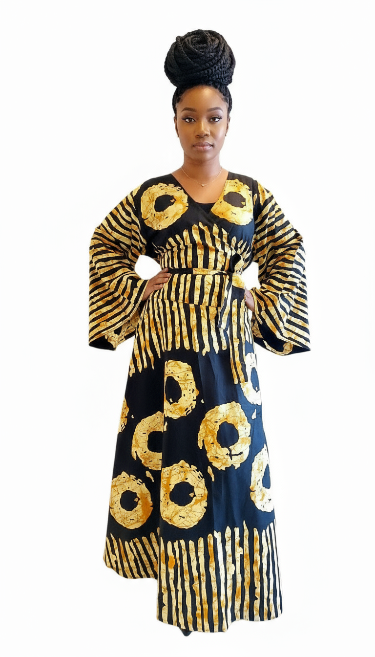 Wrap Dress / Ankara Print - 1360 Black/Yellow