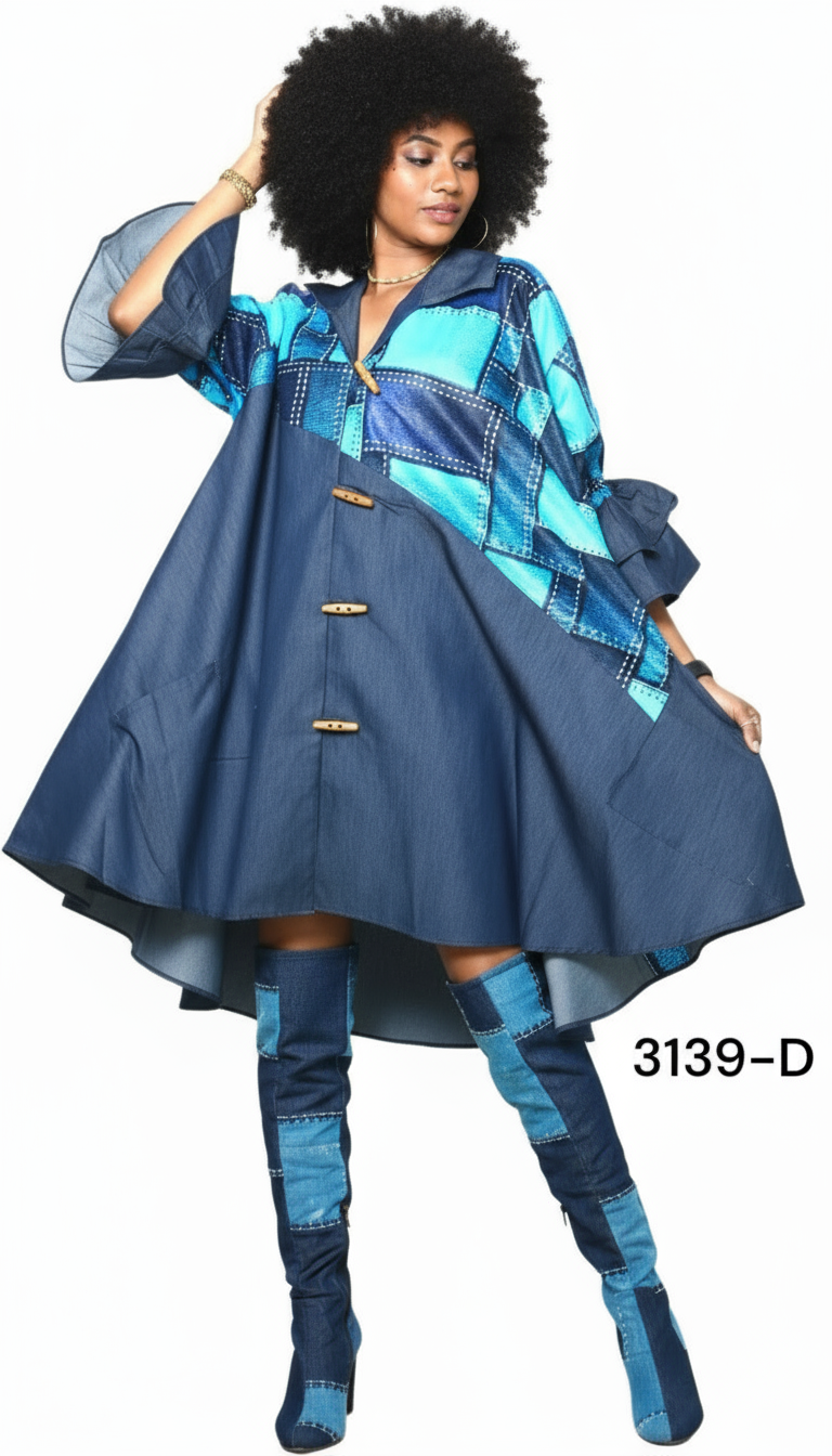 Denim Shirt Dress with Ankara African Print 3139-D