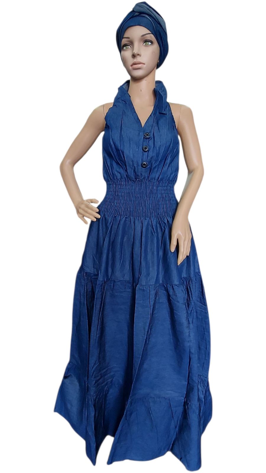 Smocked Halter Dress With Scarf Blue Denim - 3028L