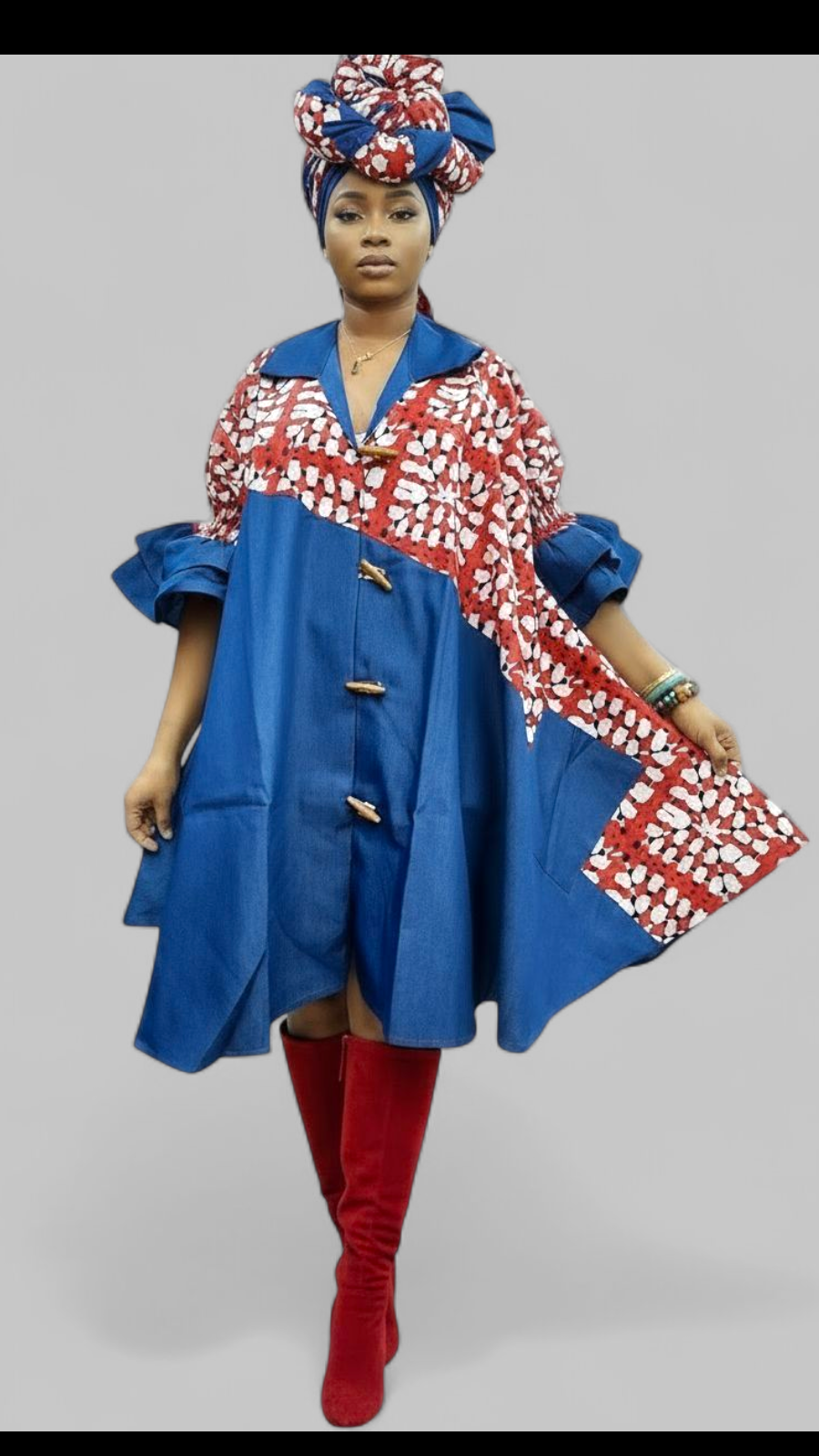 Denim Shirt Dress with Ankara African Print 3139-E