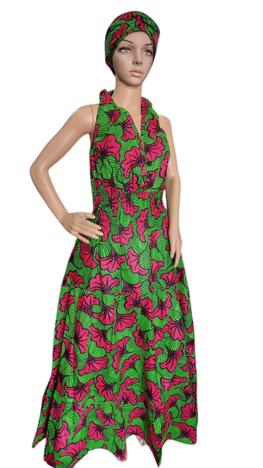 (Copy) Smocked Halter Dress With Scarf Fuchsia Floral - 3028L