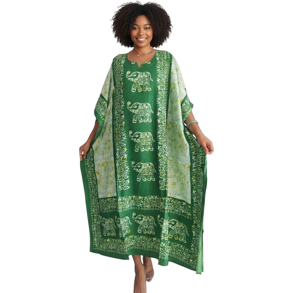 Women Elephant Print Kaftan Dress - Green