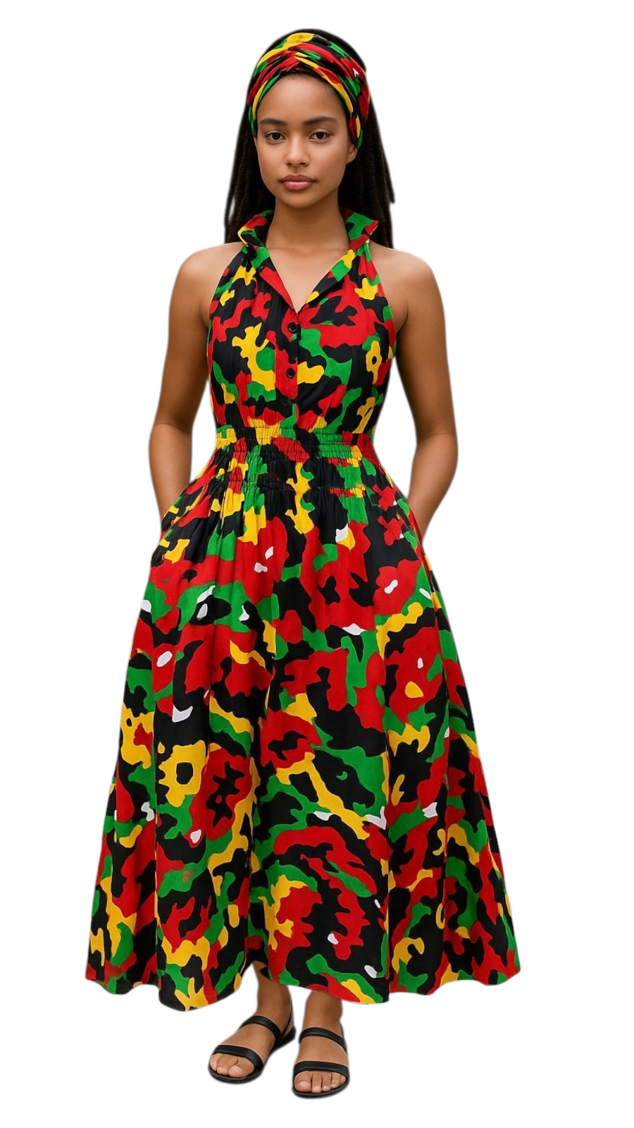Smocked Halter Dress With Scarf Army Rasta - 3028L