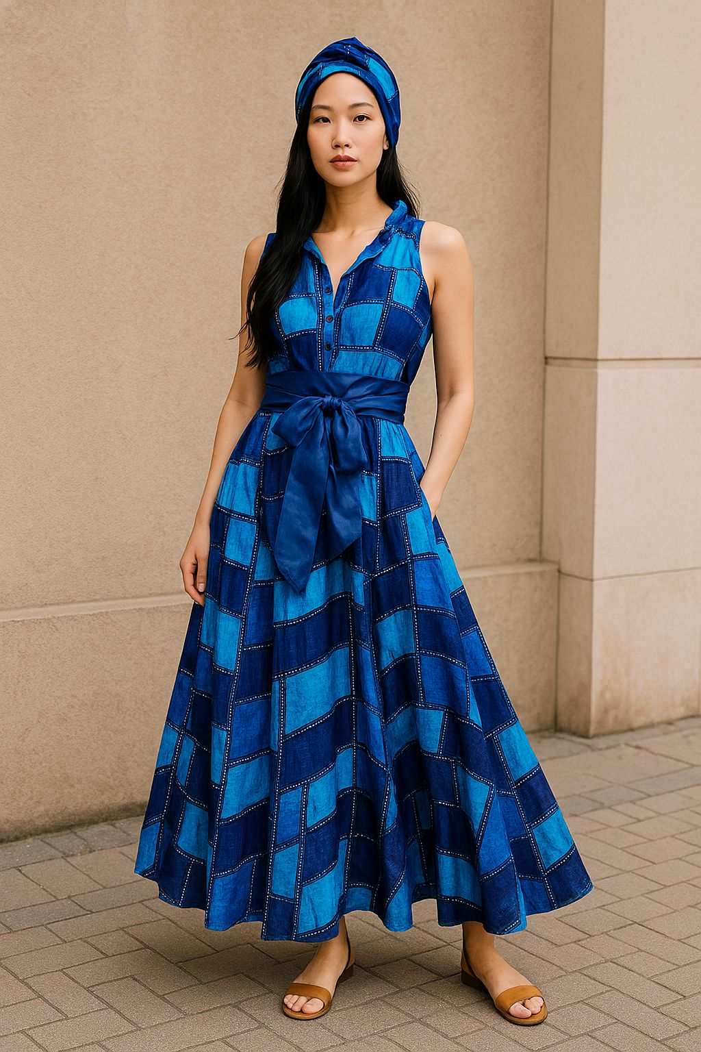 Smocked Halter Dress With Scarf Blue Patch- 3028L