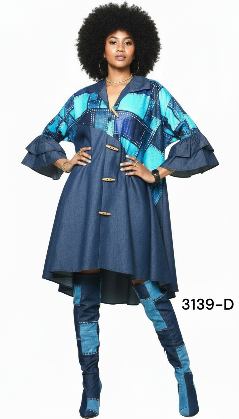 Denim Shirt Dress with Ankara African Print 3139-D
