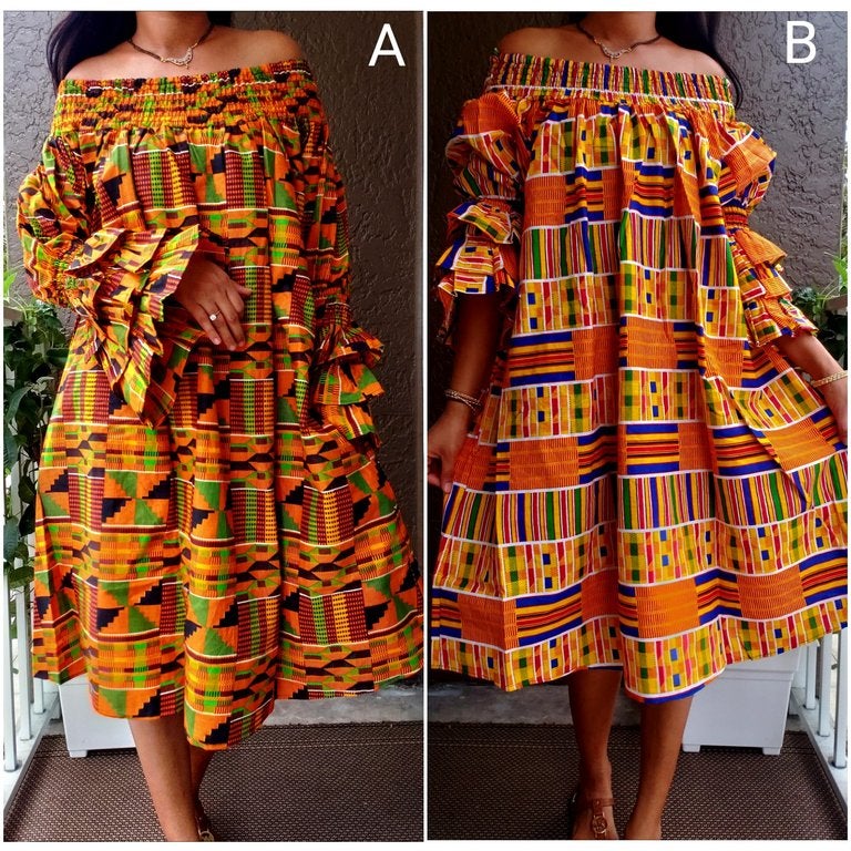 018- Off Shoulder/ Smock Neck / Mid Length Dress- Kente