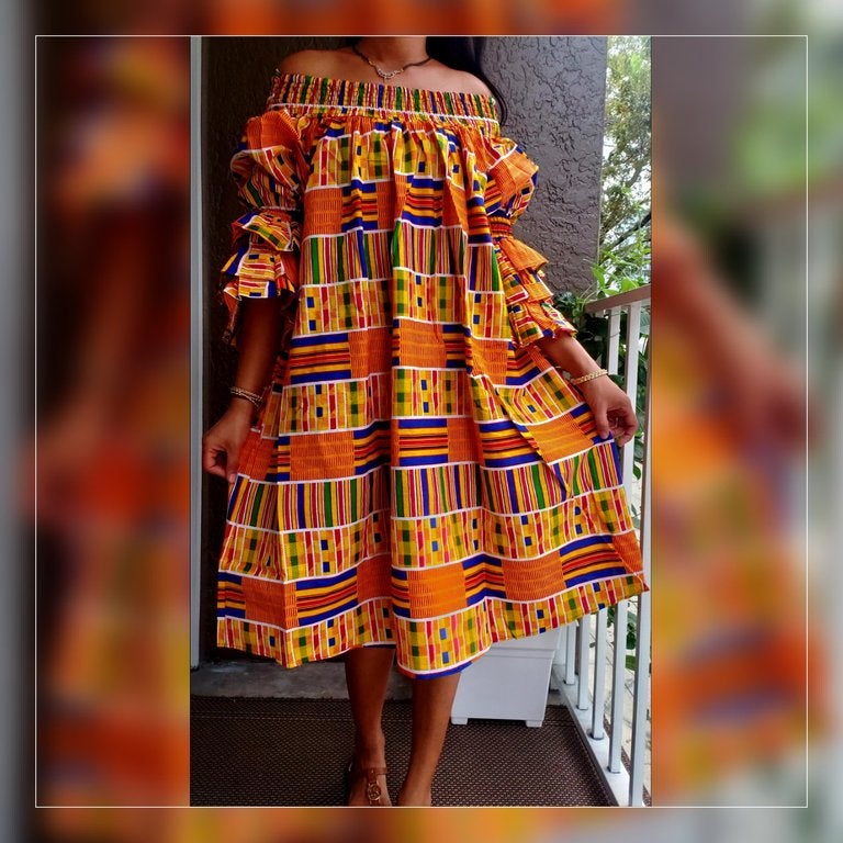 018- Off Shoulder/ Smock Neck / Mid Length Dress- Kente