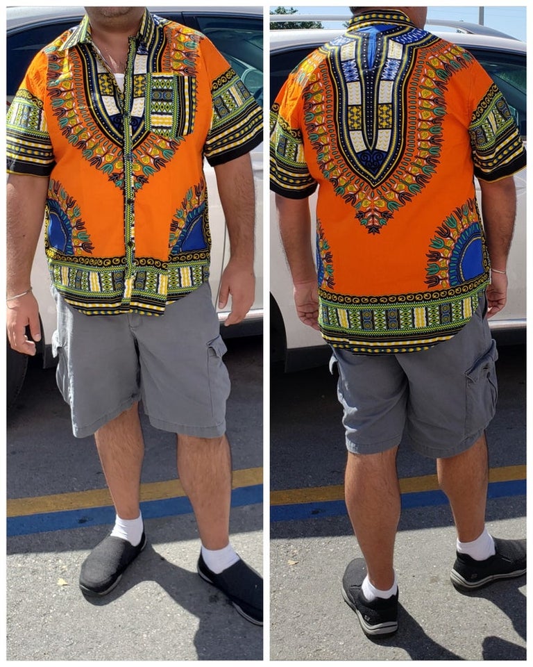 #586- Unisex Button Down Shirt- Dashiki Orange