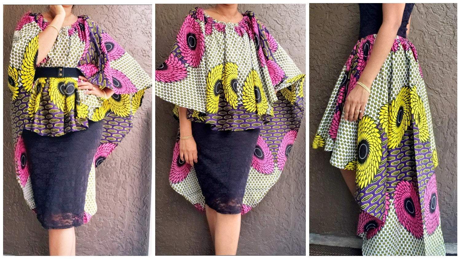 Poncho Blouse/  Hi Lo Skirt/ Multi Wearable/ Printed/ Pink - 3074