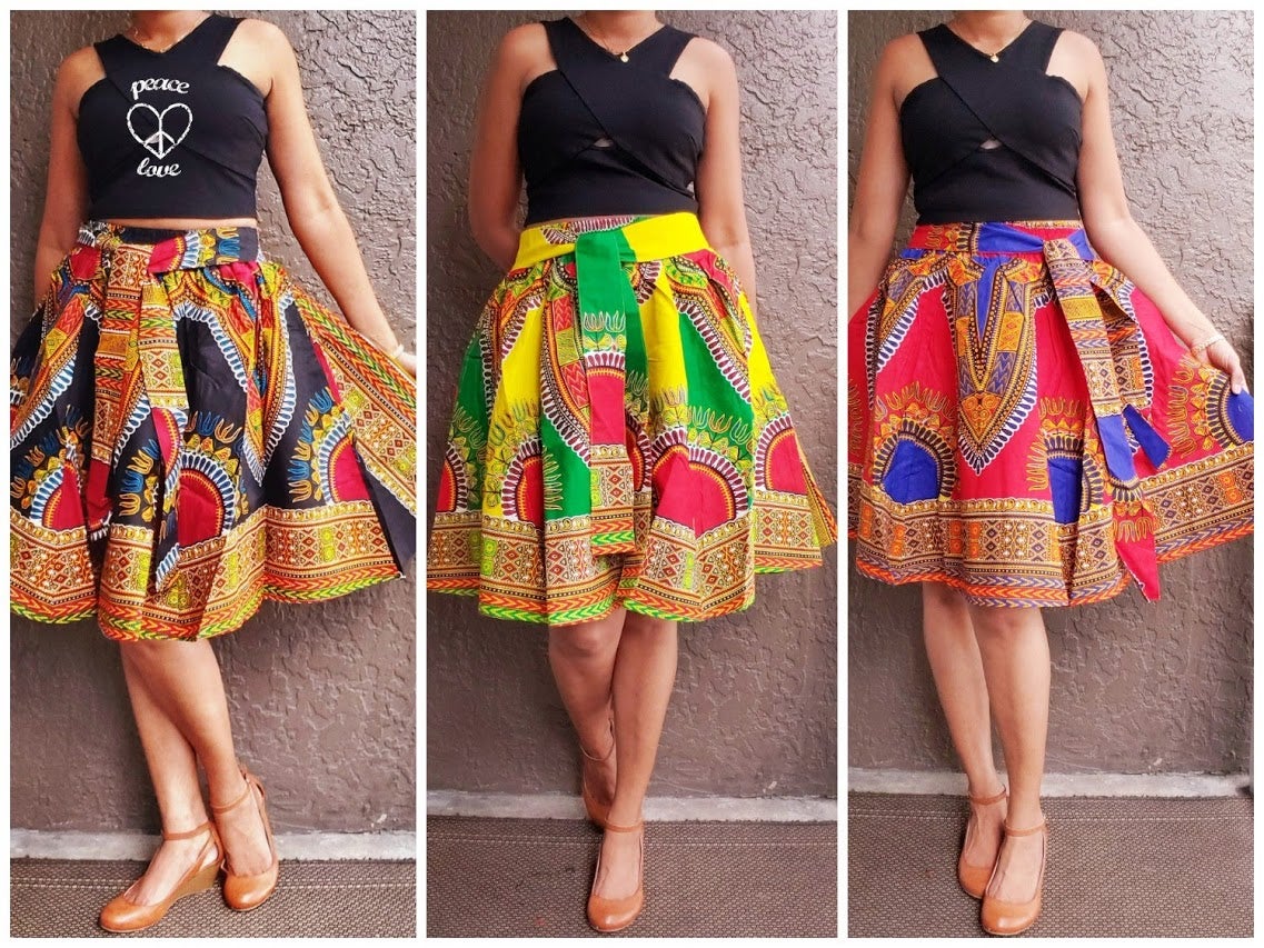 #7009 Women Short Skirt- Green Dashiki