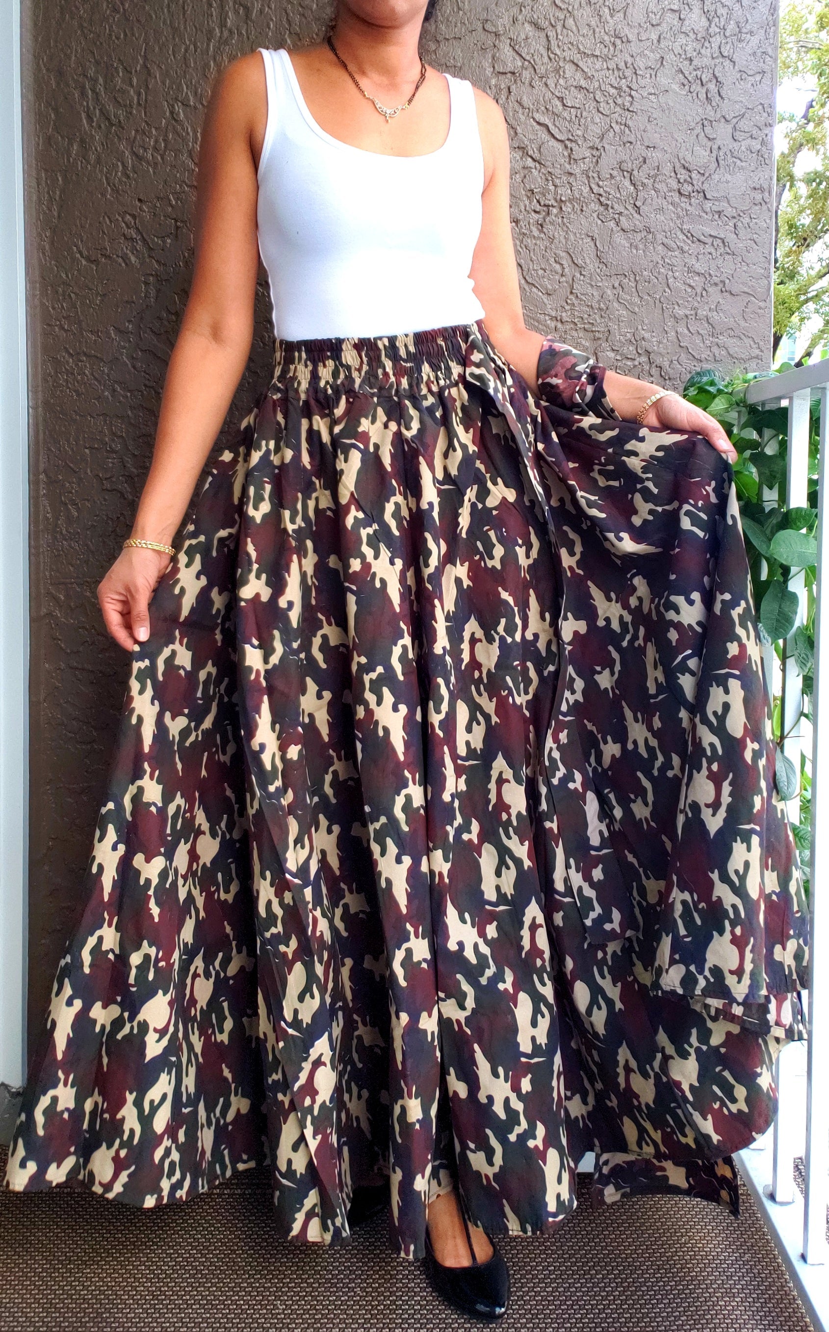 #R40- Women Long Maxi Skirt-Brown camouflage