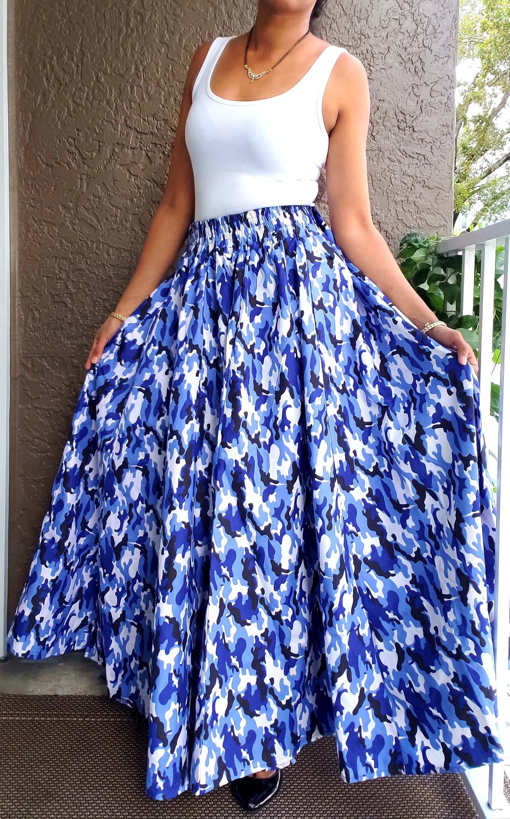 R40- Women Long Maxi Skirt-Blue camouflage