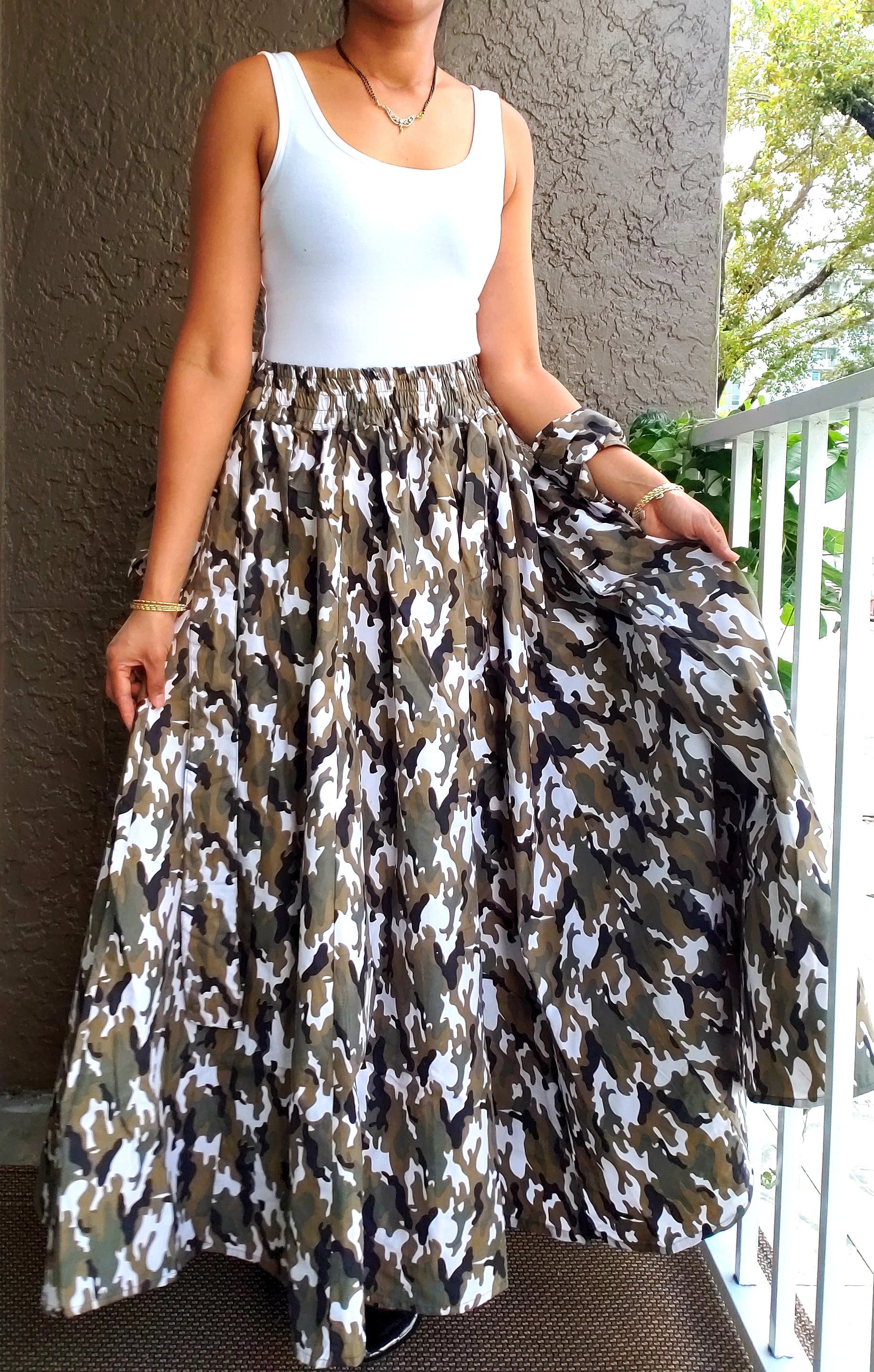 #R40- Women Long Maxi Skirt-Grey camouflage