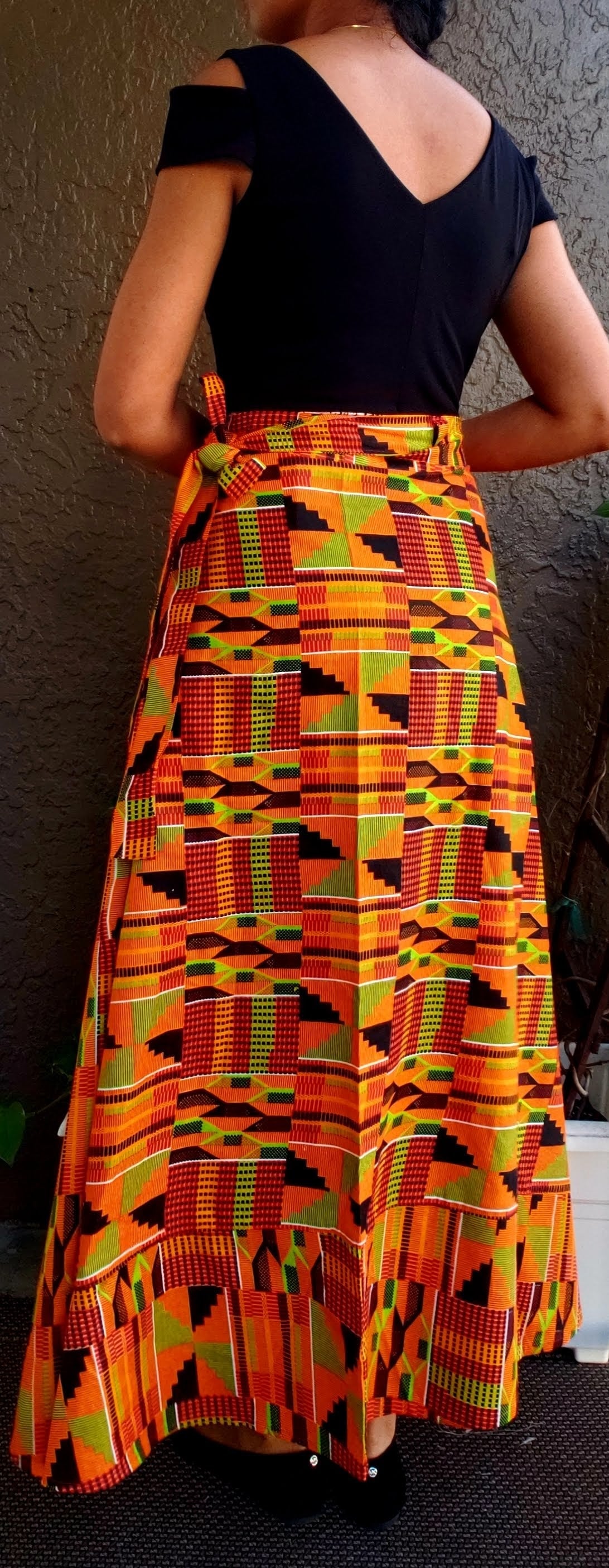 09- African Print Wrap Skirt - Kente Orange