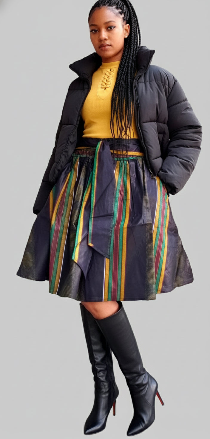 #240 -D Mid Length Kente Skirt- Black/Striped