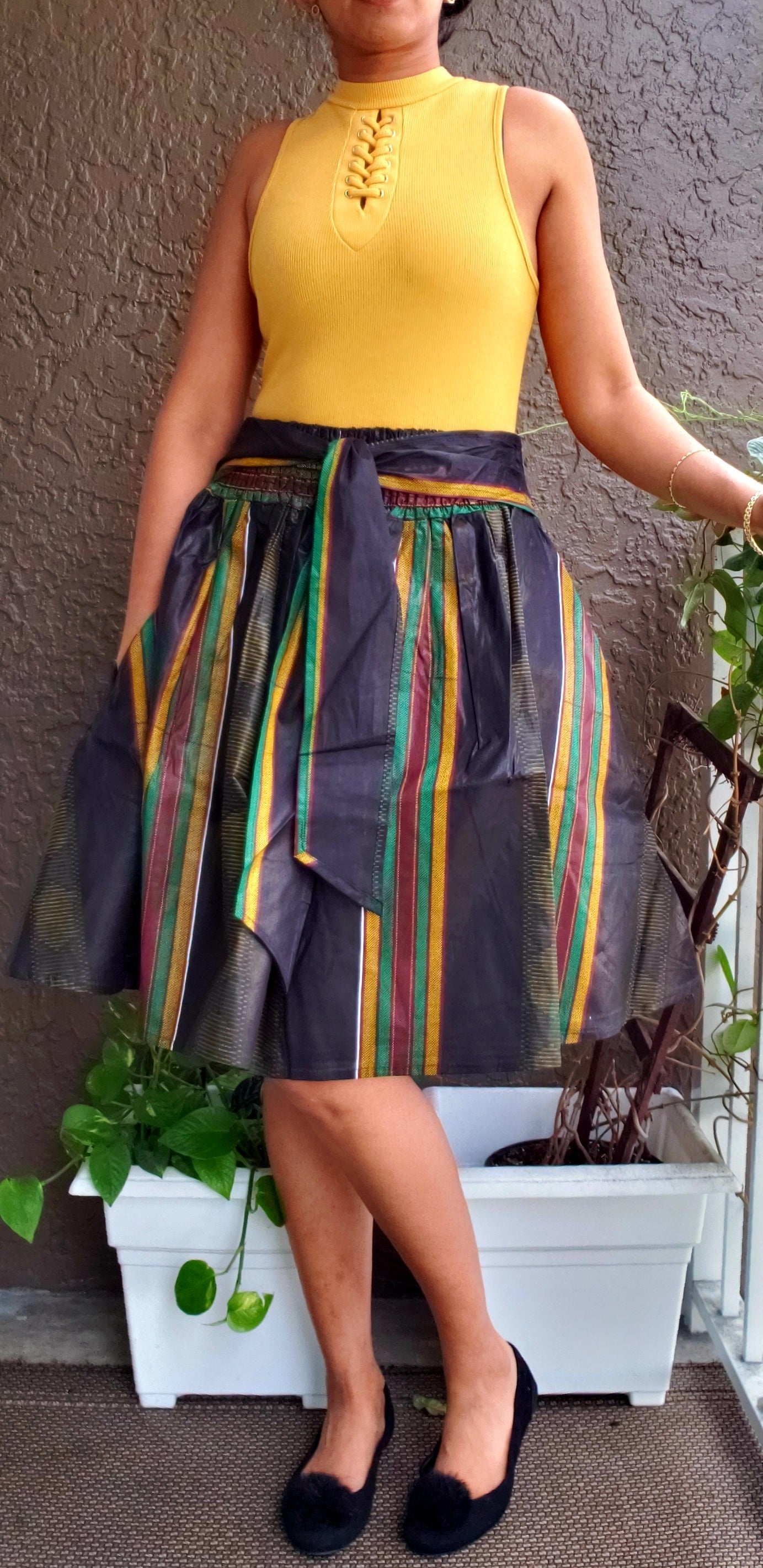 #240 -D Mid Length Kente Skirt- Black/Striped