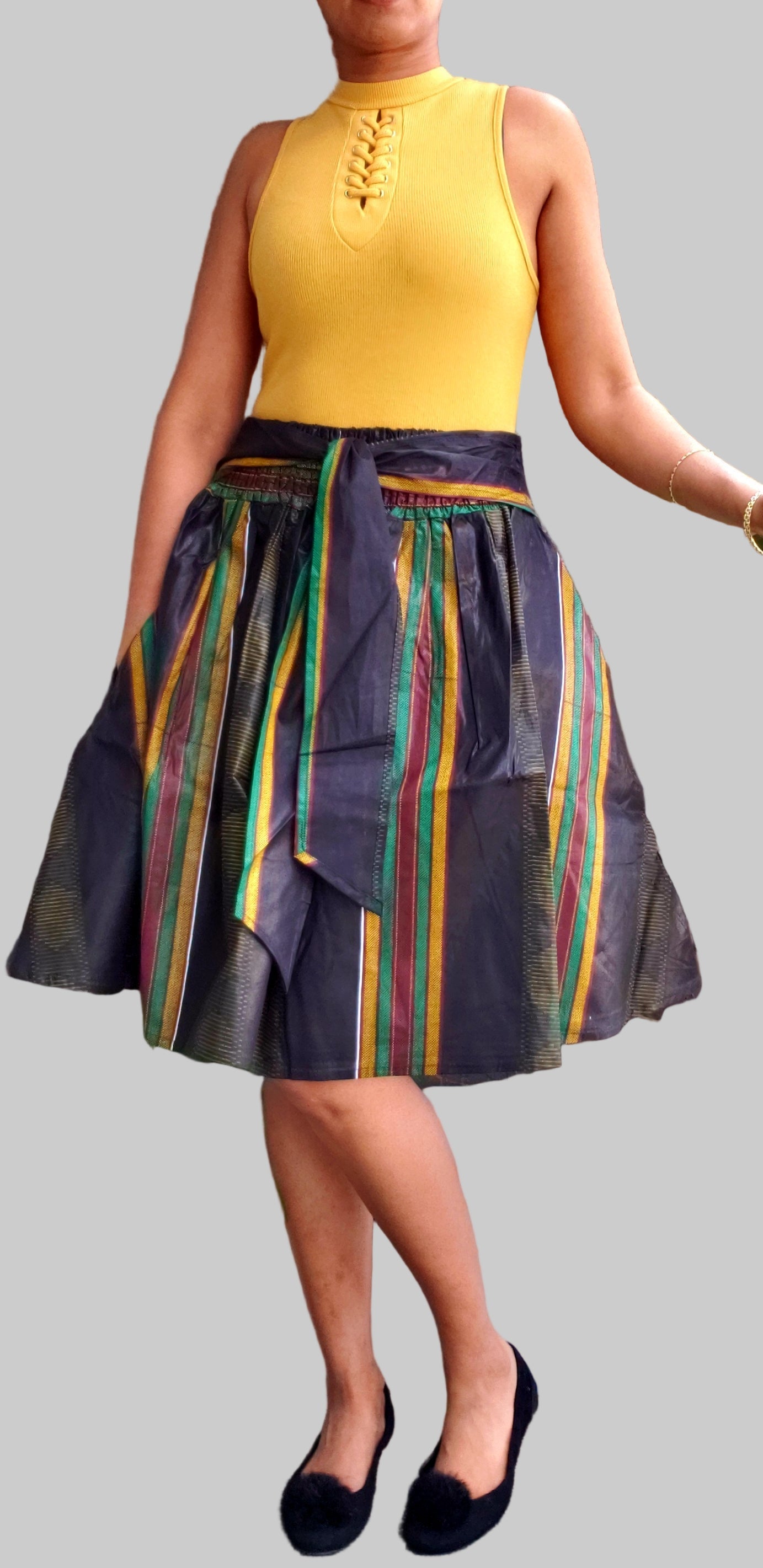 #240 -D Mid Length Kente Skirt- Black/Striped