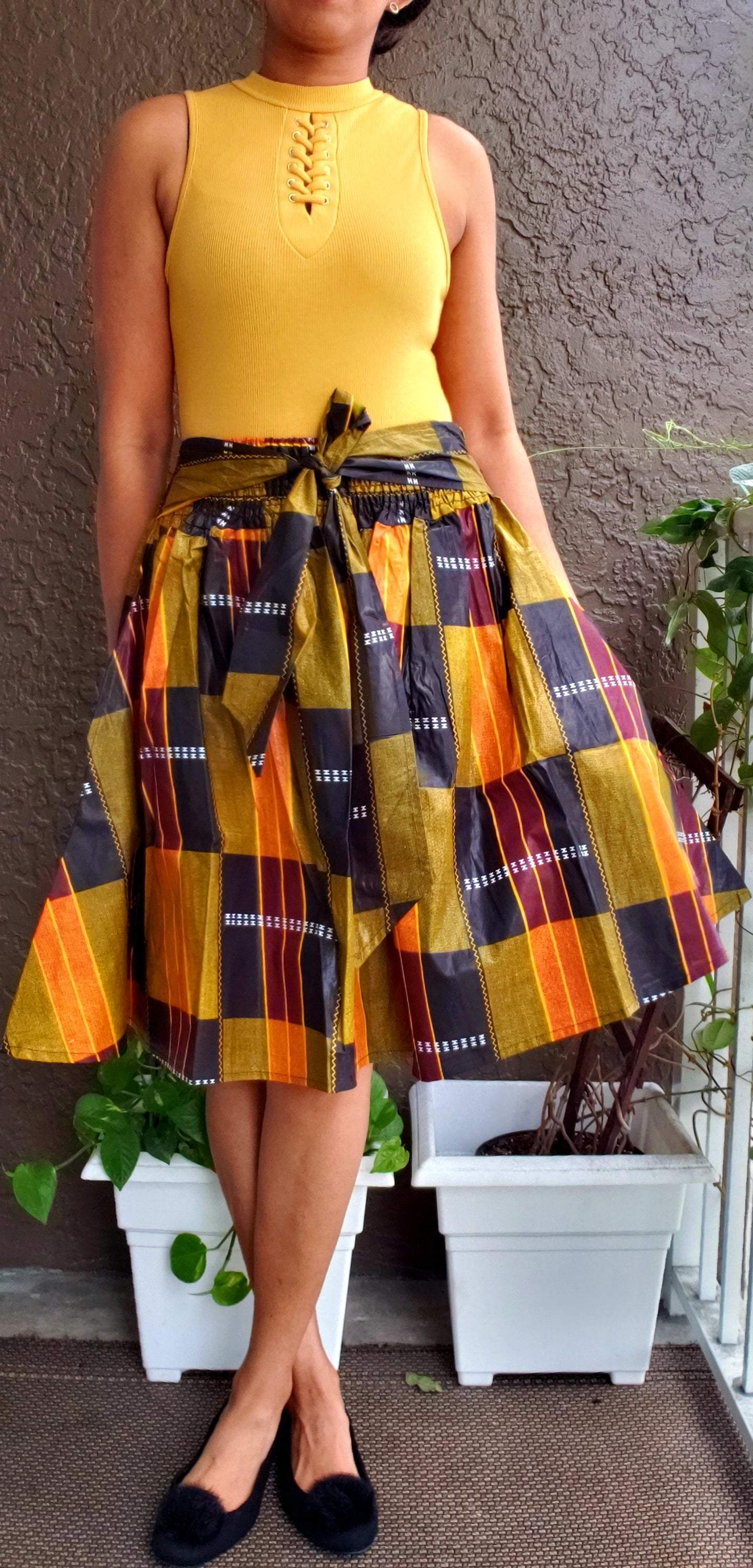 240-C Mid Length Kente Skirt- Orange/Black