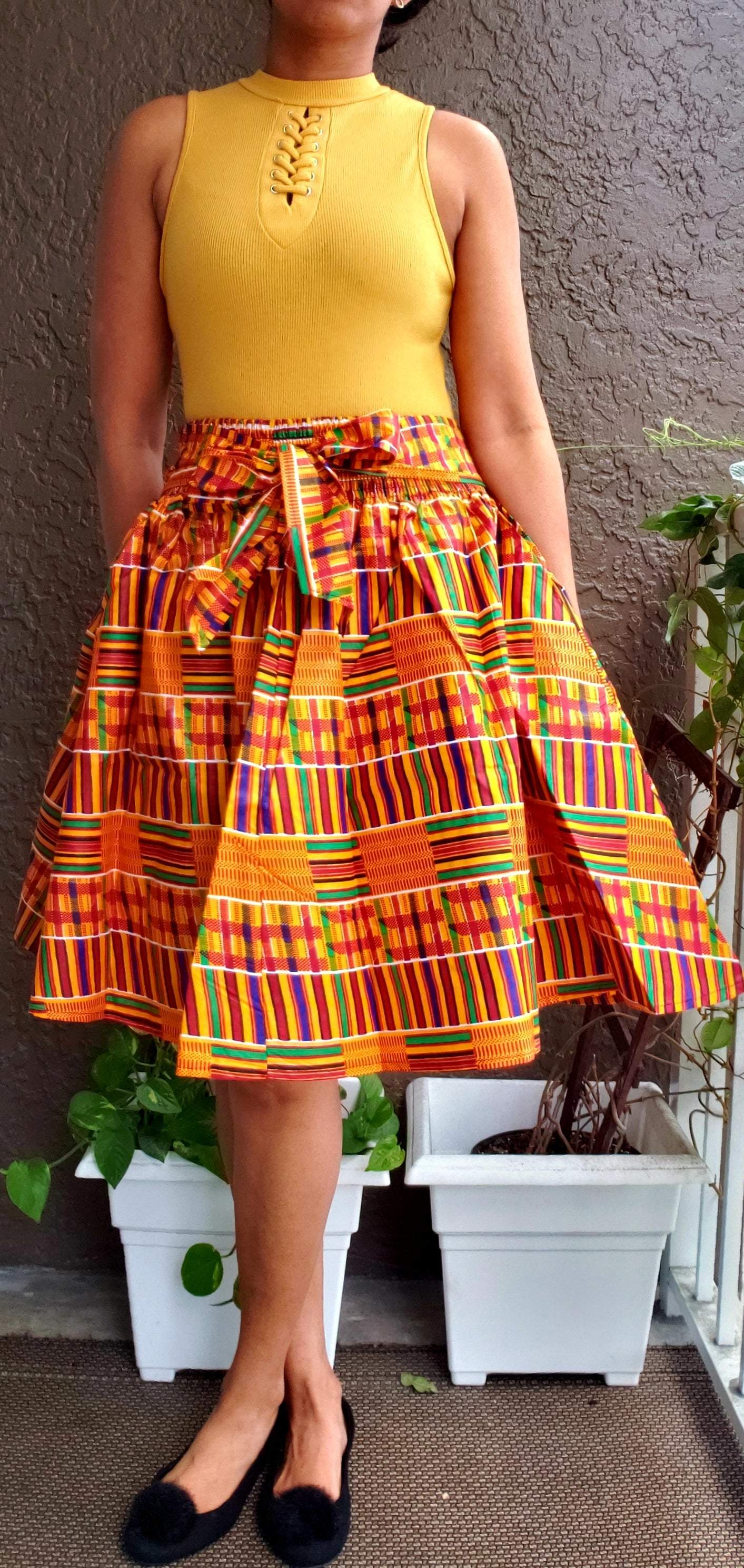 240-A Mid Length Kente Skirt- Orange/Yellow