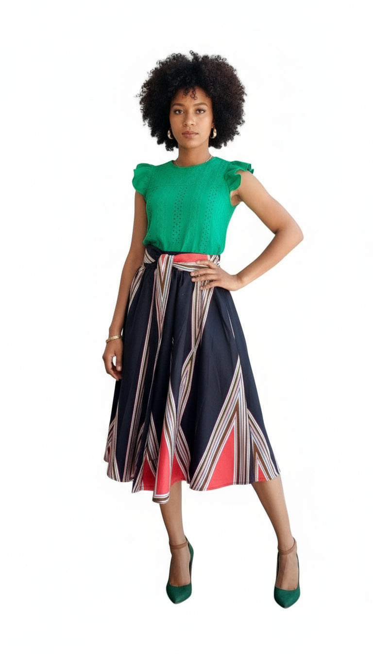 7012- Women Mid  Length Flared Skirt-Black / Red