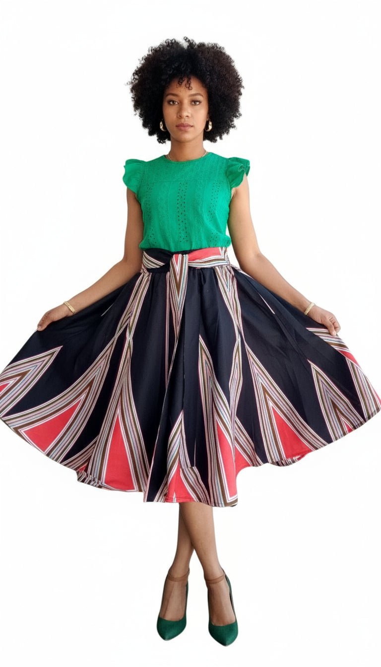 7012- Women Mid  Length Flared Skirt-Black / Red