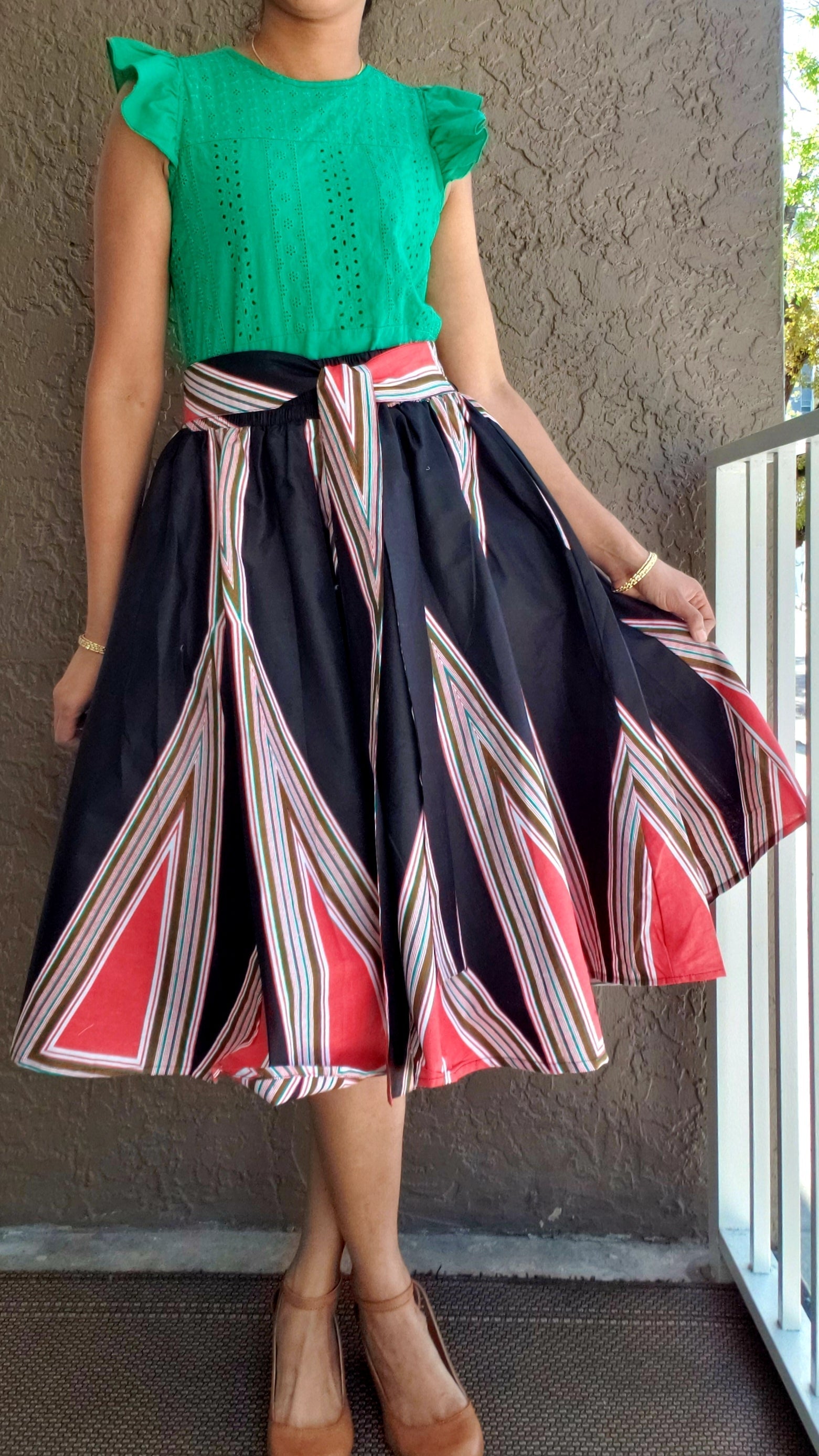 7012- Women Mid  Length Flared Skirt-Black / Red