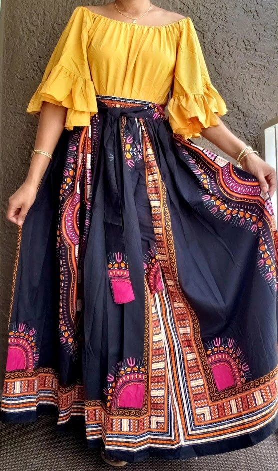 #AA18-522 - Women Long Maxi Skirt- Traditional Dashiki Print