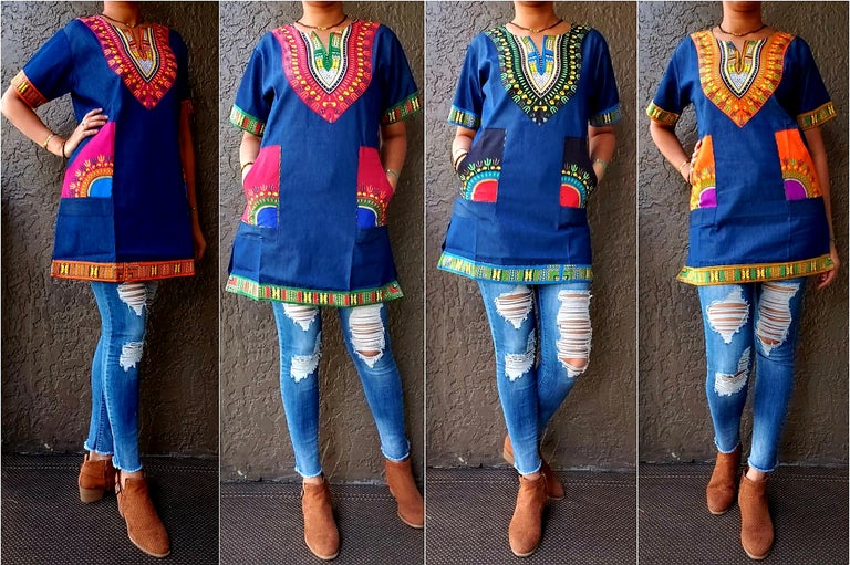 #790 Denim / Dashiki Top