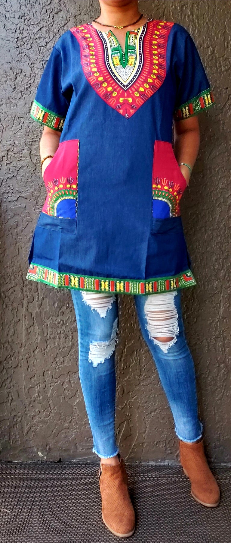 #790 Denim / Dashiki Top