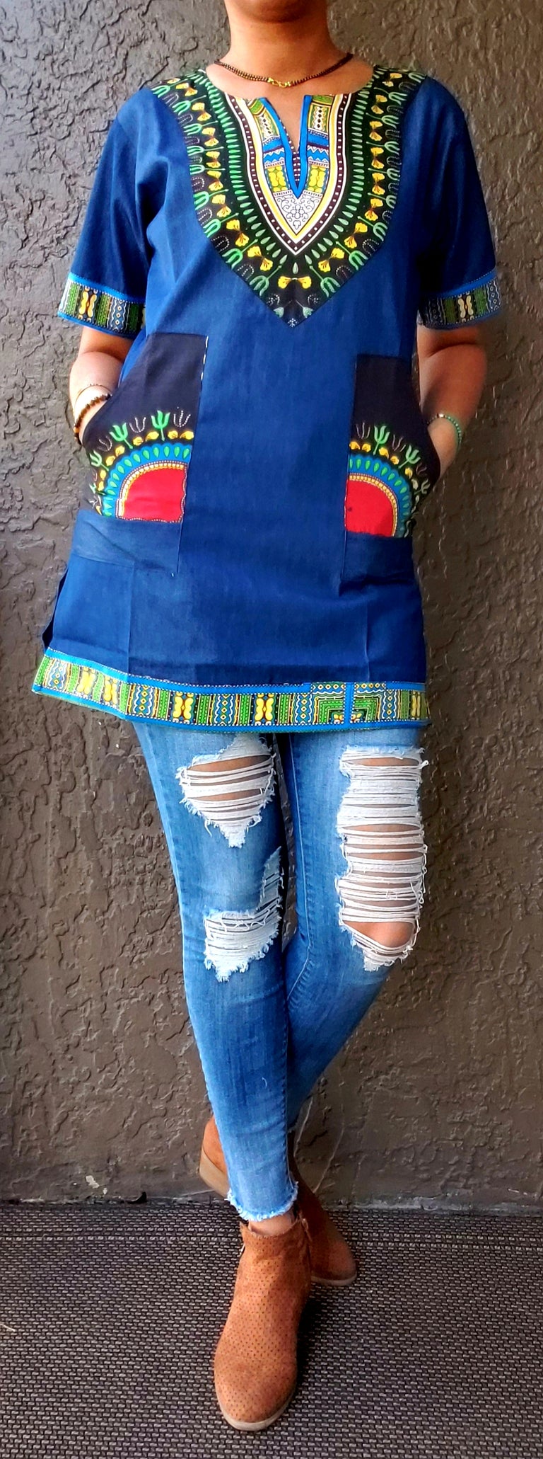 #790 Denim / Dashiki Top