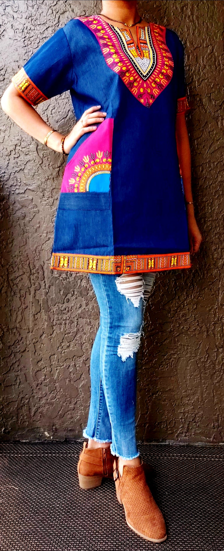 #790 Denim / Dashiki Top