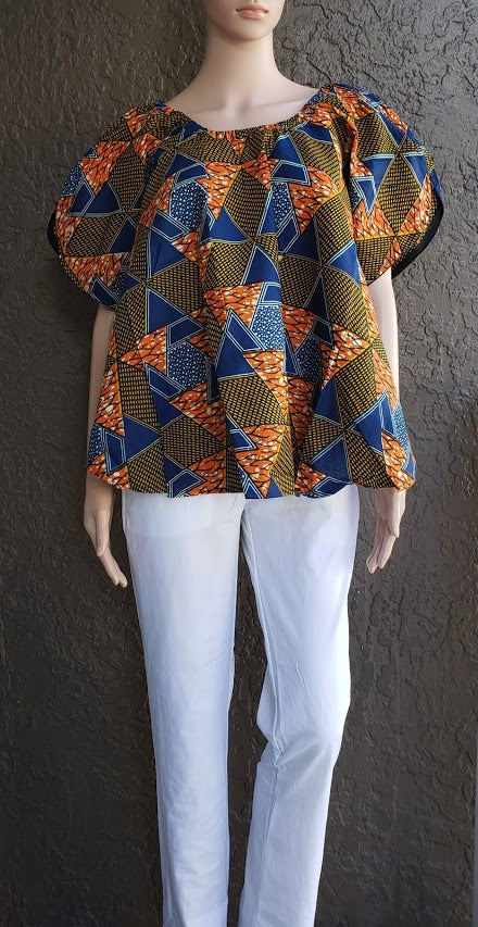 7049- Authentic African print bell blouse- Blue-Orange