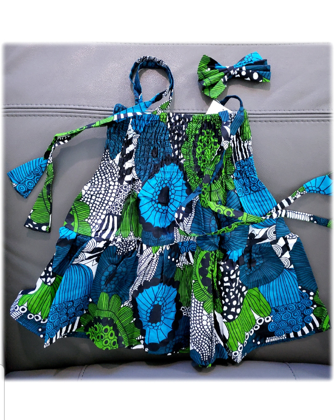 K014 GirlsTube Dress With Hair  Bow -Blue/Green