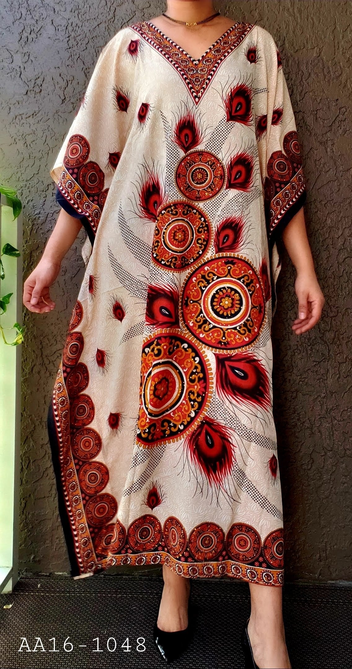 Women Peacock Print/ Sequin Embellished Kaftan Dress