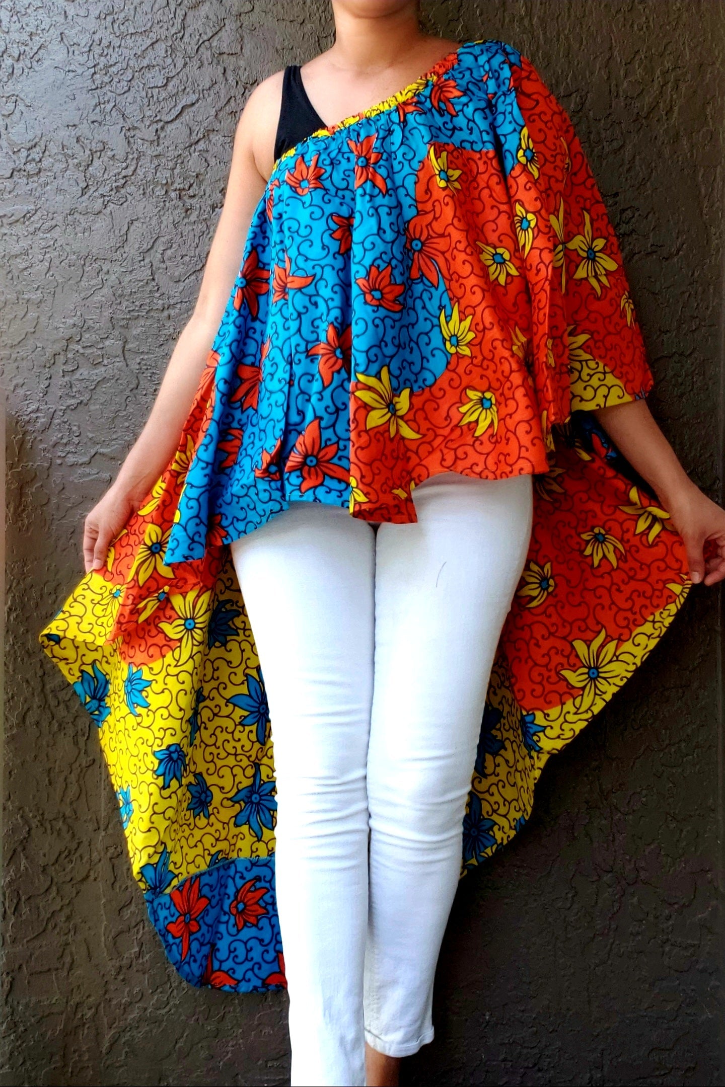 Poncho top/ Hi/Lo Skirt- Orange/Blue- 3074