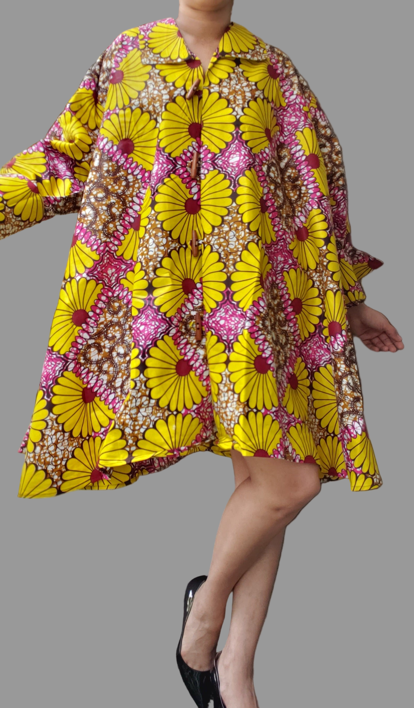 1207- Women  Printed Short Coat Dress / Blouse -Yellow