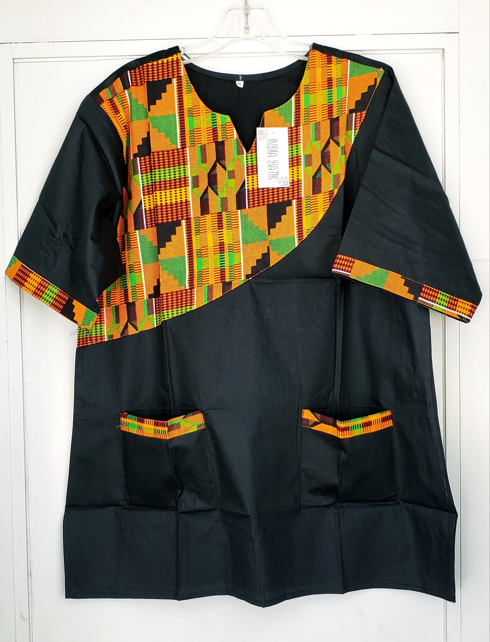 Men Tunic Shirt / Kente Accent- Black M040