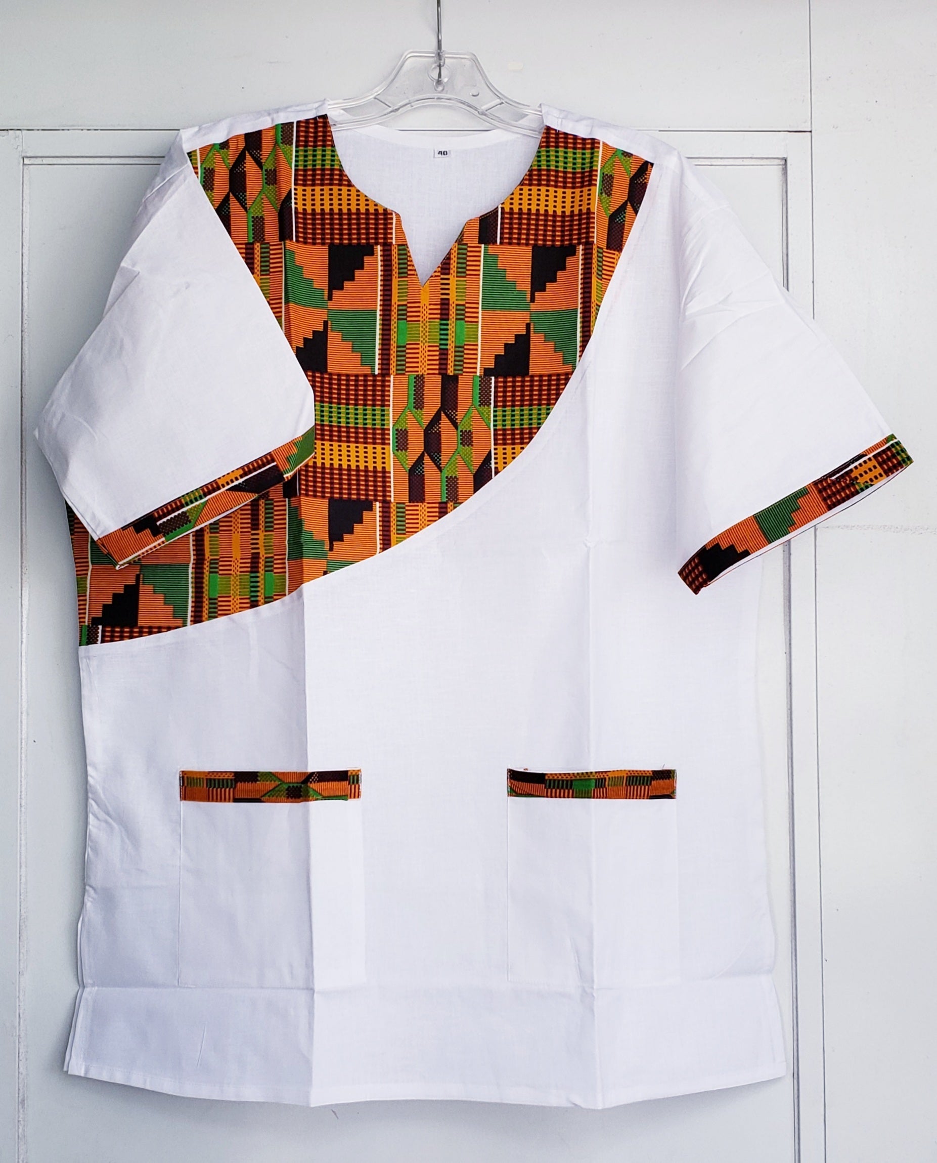 Men Tunic Shirt / Kente Accent- White