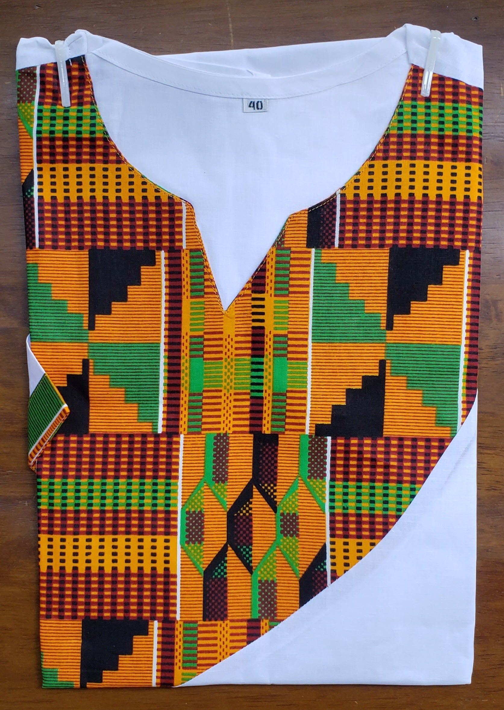 Men Tunic Shirt / Kente Accent- White M040