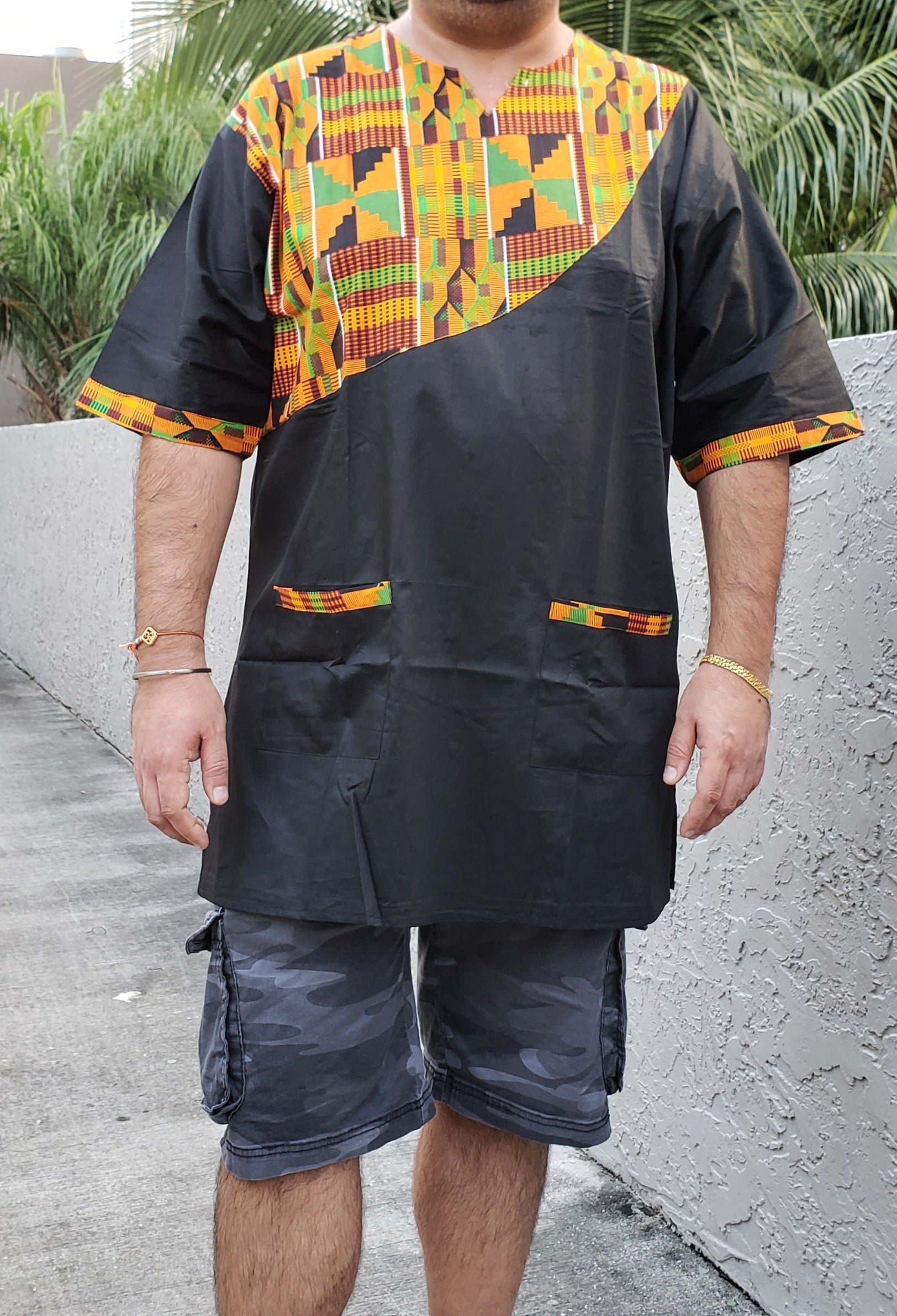 Men Tunic Shirt / Kente Accent- Black M040